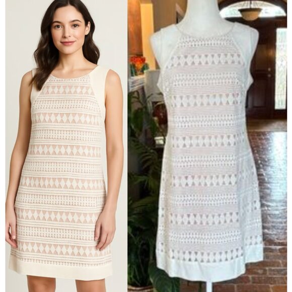 J Howard Ivory and Beige Lace Overlay Sheath Dress linen blend size 8 - Picture 1 of 12